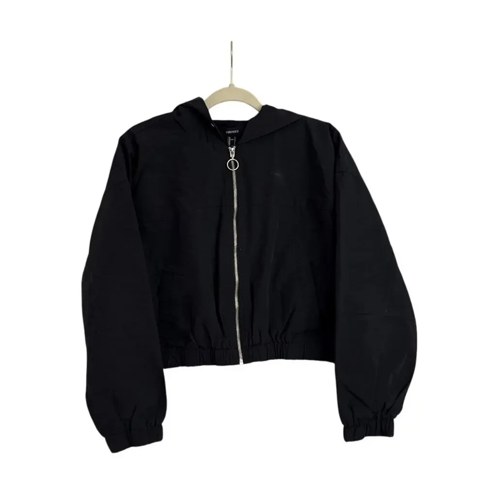 Forever 21 Black Hooded Zip Up Windbreaker Jacket Size Women's Large
